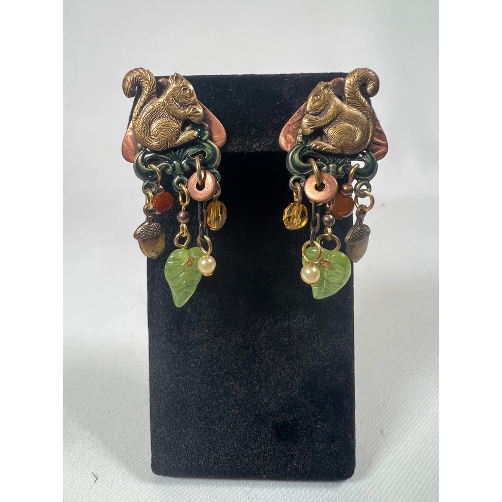 Vintage Mixed Metal Squirrel Leaf Acorn Dangle Post Earrings Woodland Boho